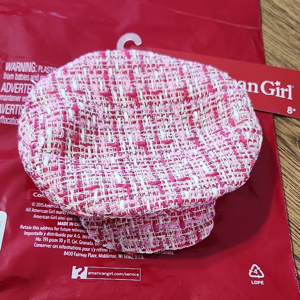 American Girl Reddish Pink and White Tweed Driver's Cap Hat fits 18" dolls NEW!